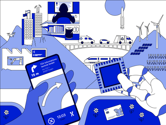 TÜVIT und ALTER Technology sorgen für Verlässlichkeit, Verfügbarkeit und Sicherheit von Hightech- und IT-Komponenten in komplexen, integrierten Systemen. Illustration einer digitalen Industrielandschaft mit Industrie- und Energieanlagen, Verkehrs- und Kommunikationsmitteln sowie IT- und Weltraumsystemen in abgestuften Blautönen